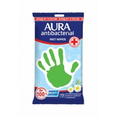 28212 AURA Влажные салфетки антибактериальные Derma Protect ЛИМОН , РОМАШКА в ассортpocket-pack 15шт
